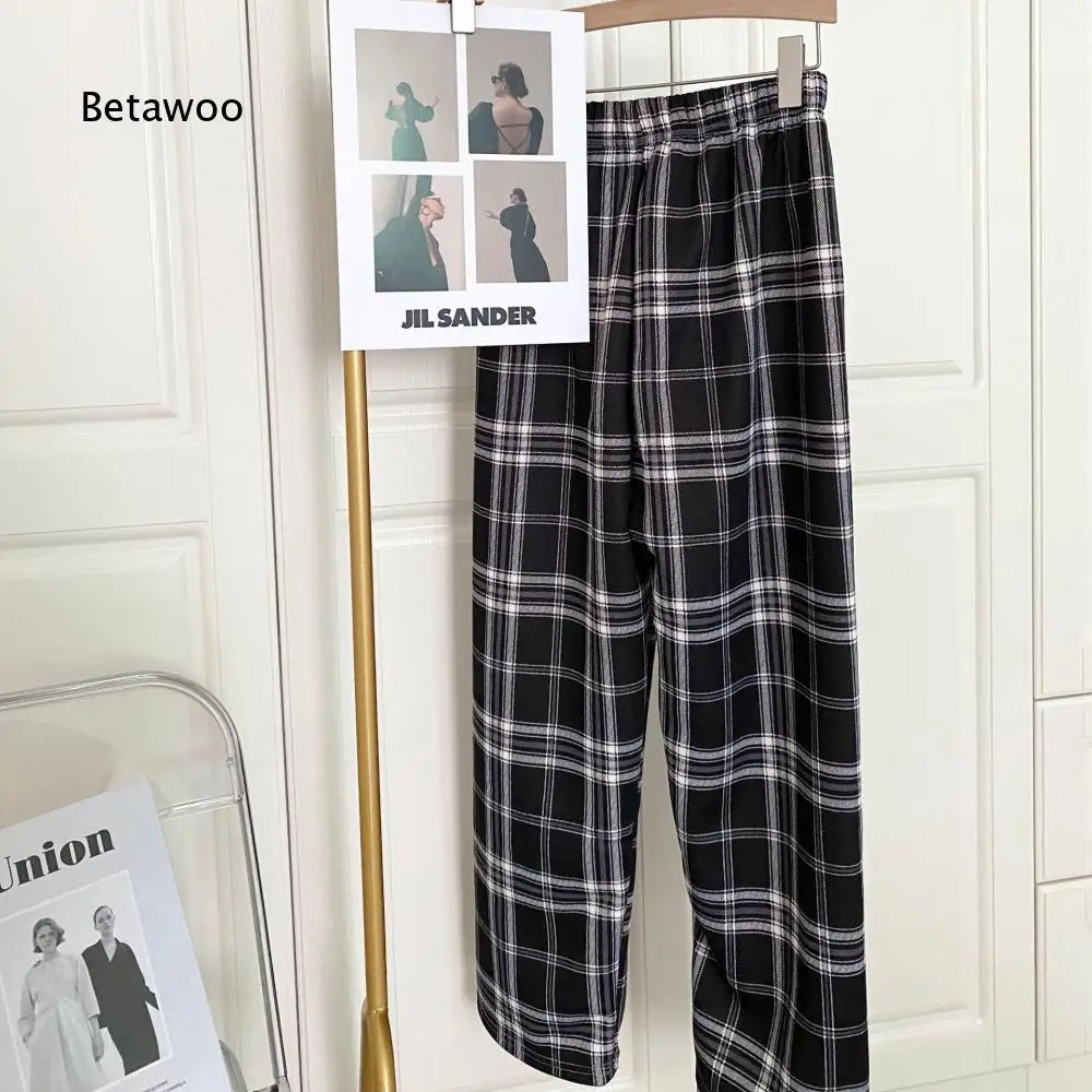 Womens Relaxed Wide Leg Check Pants Elastic Waist Straight Casual Trousers Lightweight Grid Pattern Bottoms For Daily Look