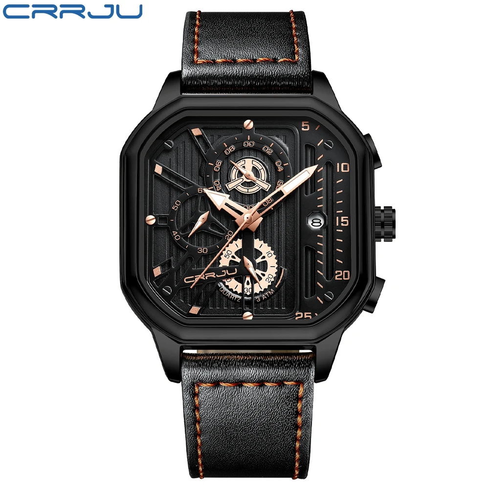 CRRJU Fashion Square Dial Leather Mens Watches Luxury Sport Waterproof Watch Man Chronograph Quartz WristWatches Homme+Box