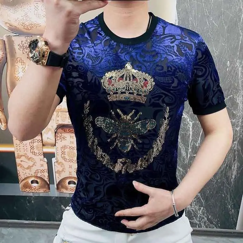 Men's 2024 Summer New Laser Sequin European and American Style Fashion Versatile Slim Trend Slim Short Sleeve T-Shirt