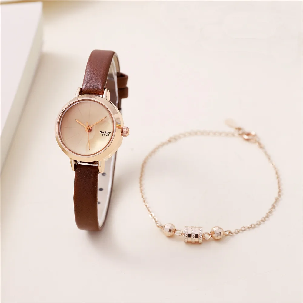 2pcs/set fashion simple small quartz women girl leather quartz watch