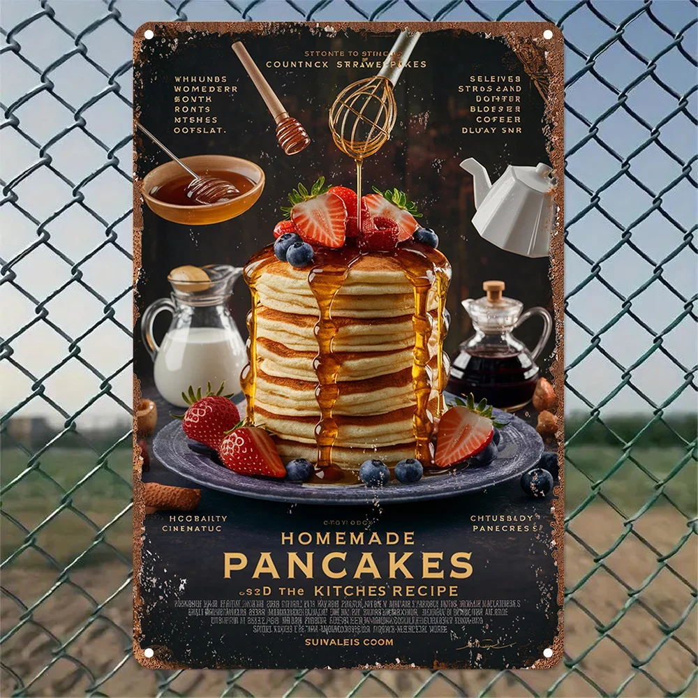 1pc Vintage Aluminum Metal Sign Wall Art Decor, Homemade Pancakes Recipe Illustration, Ideal for Garden, Bedroom