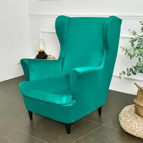 Wingback Chair and Ottoman Cover Set Velvet Wing Back Chair Cover 2 Piece with Foot Stool Slipcover for Living Room