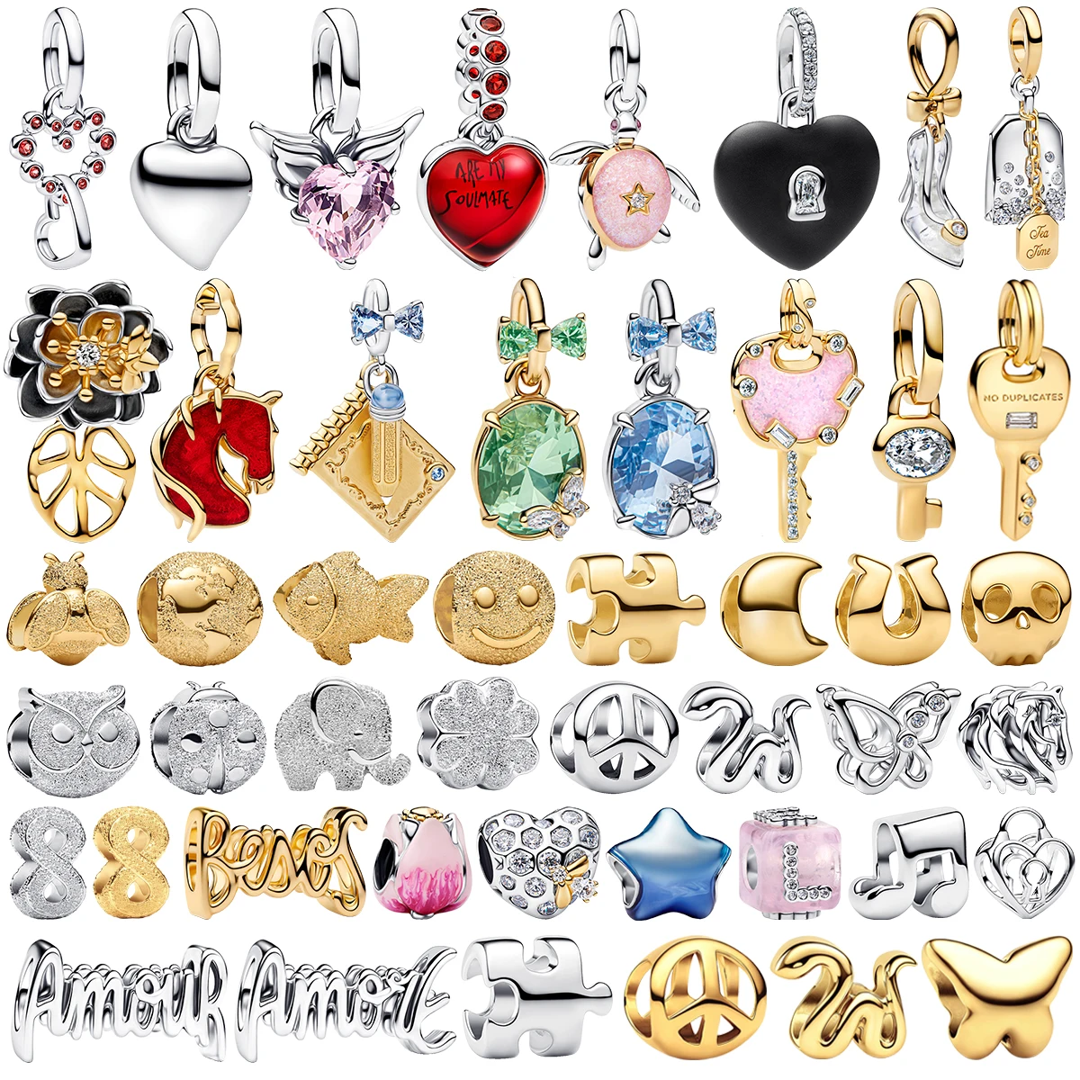 925 dijes de Metal de plata colgante cuentas corazón llave búho alas de serpiente Luna caballo flor nota DIY pulsera llavero collar joyería