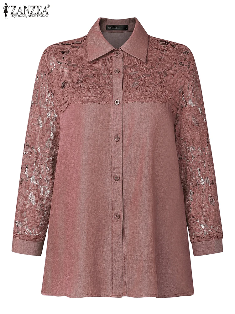 잔제아 우아한 여성 OL 셔츠 패션 오피스 레이디 블라우스 2025 가을 레이스 패치워크 속이 비치는 캐주얼 탑 버튼 블루사 여성용