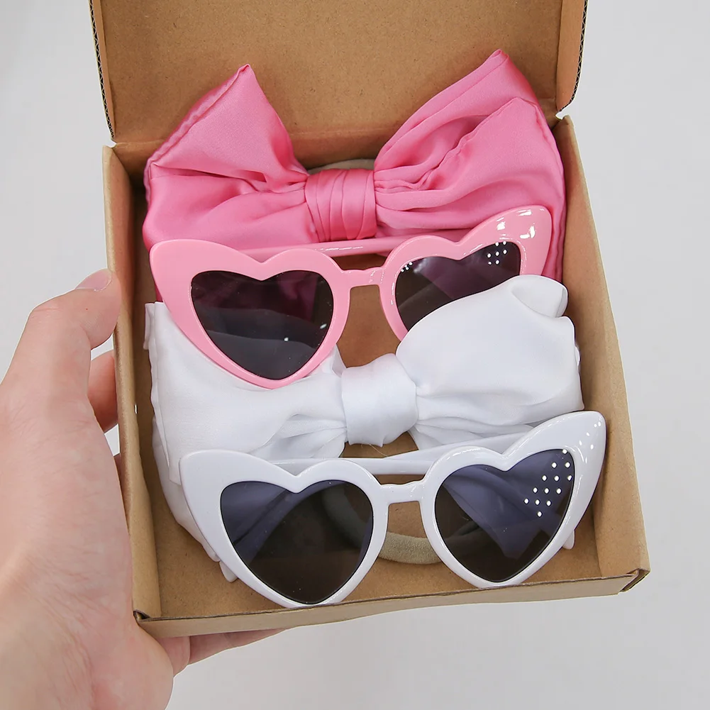 

2Sets Heart Sunglasses Big Silk Bow Baby Headbands Boutique Sun Glasses Newborn Boys Girls Headwear Nylon Hairbands Gift Box