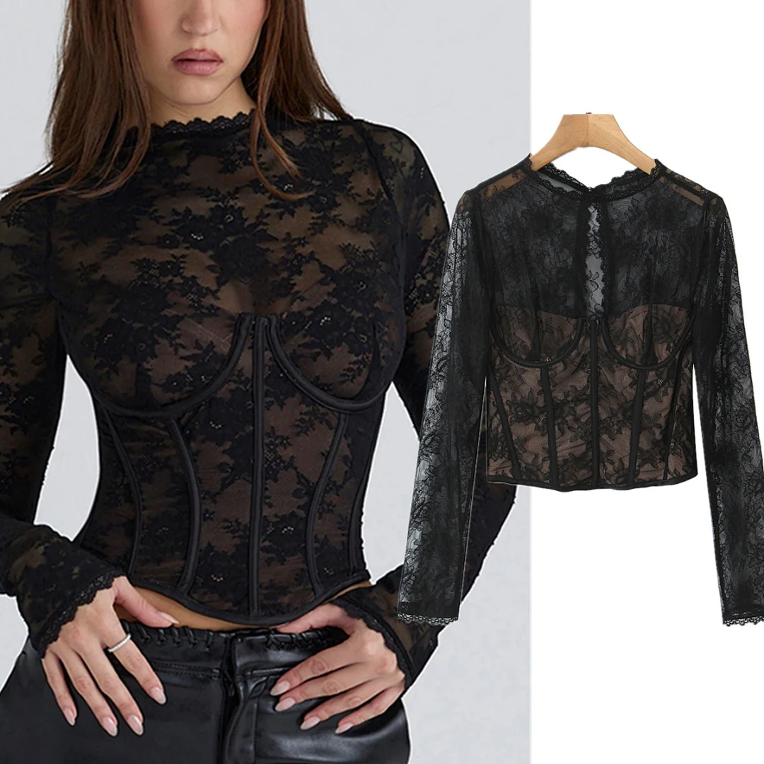 

Maxdutti Women's Shirt Vintage Lace Embroidery Mesh Sexy Shirt Slim Fit Perspective Women's Blouses And Shirt Woman Clothing To