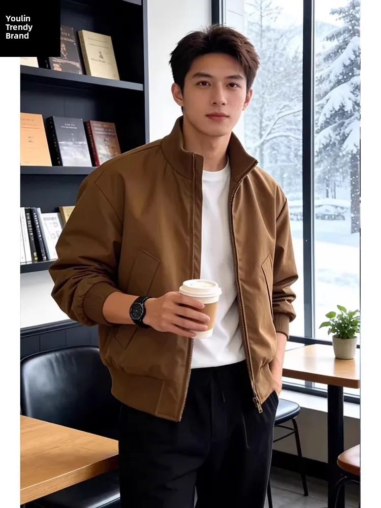 

American Sle Brown Flight Jaet Coat Men's Winter Thiened Stand Collar Cotton ort Baseball Sle Zipper Closure ...