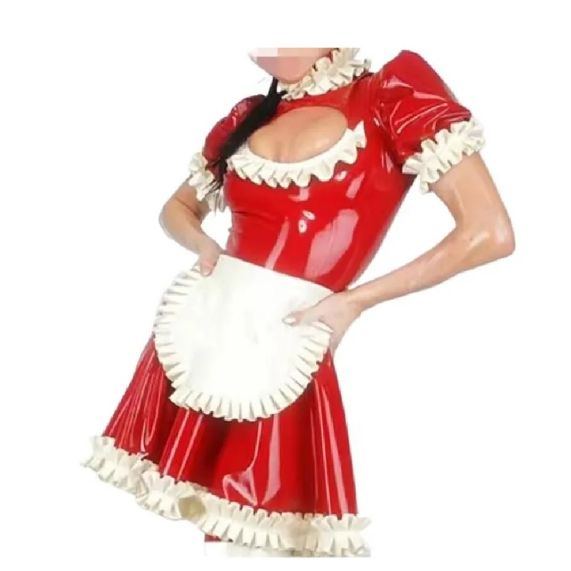 Maid latex skirt with apron, uniform with zipper, role-playing club outfit