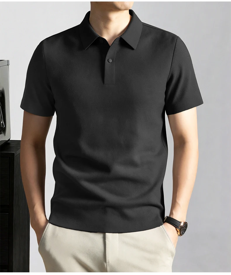 Modisches, einfarbiges Kurzarm-Poloshirt aus luxuriöser atmungsaktiver Eisseide für Herren Sommer Business Casual, bequem, vielseitig, T-Shirt – Detail 14