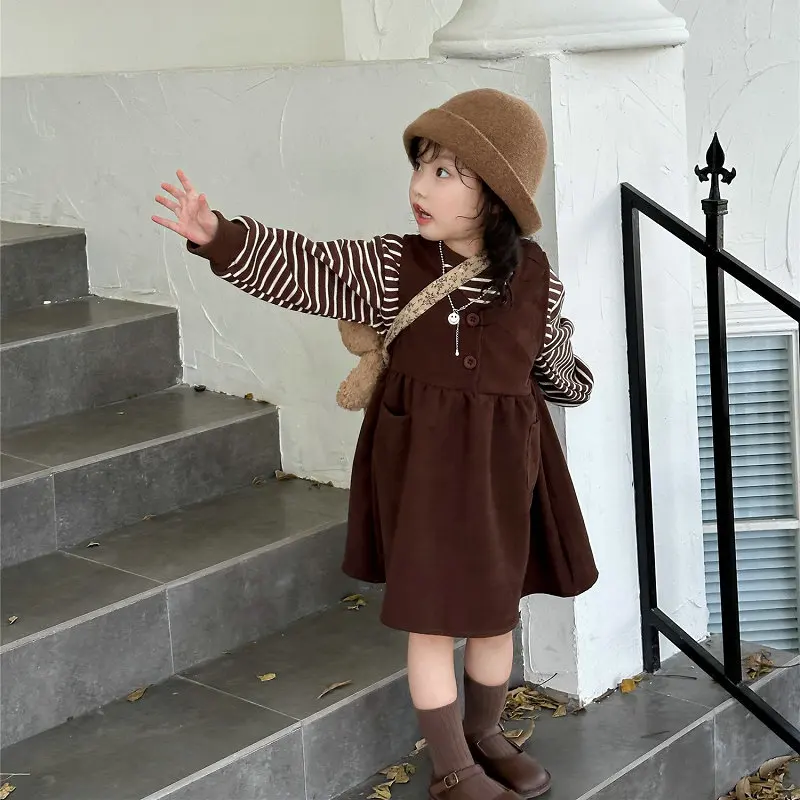 

Girls Striped Long Sleeved Sweatshirt Corduroy Vest Dress Two Piece Set 2024 Autumn and Winter New Children Clothing