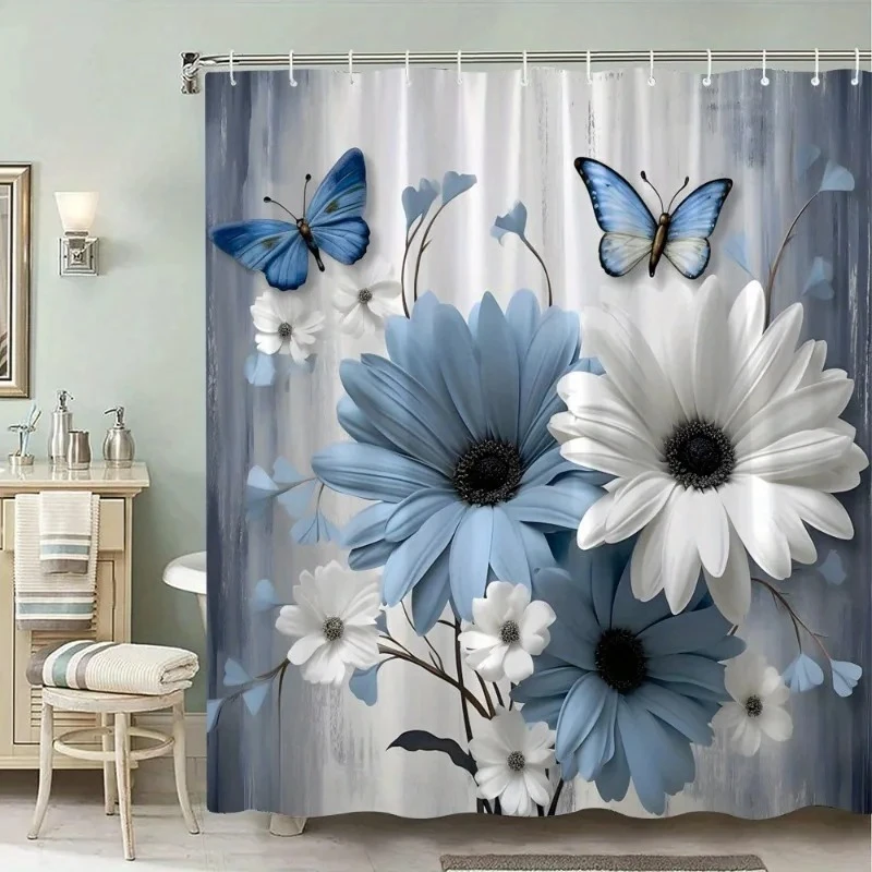 1pc Blue White Daisies Butterflies Shower Curtain Polyester With Hooks Waterproof Mildew Proof Easy Install Washable