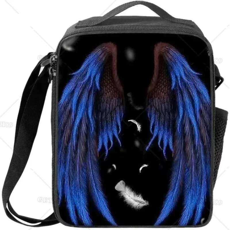 Blue Feather Wings Pattern Insulted Lunch Bag with Adjustable Shoulder Strap Thermal Cooler Lunch Box for Women Men Work Trip