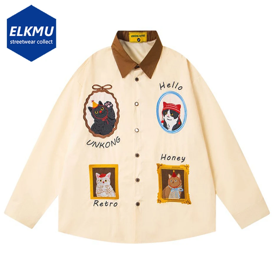 

Cat Graphic Vintage Shirts Men Loose Long Sleeve Shirts Button Up Blouse Streetwear Harajuku Hip Hop Oversized Shirts