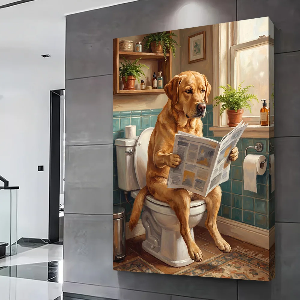 Dog Reading Newspaper on Toilet Poster Customizable Printed Canvas Painting Wall Art Gift for Room Decorations Home Decor Mural