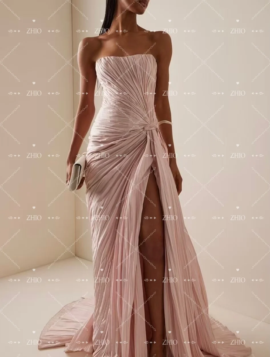 

ZHIO Elegant Pleat Blush Satin Evening Dress Strapless Side Slit Sweep Train Woman Formal Occasion Party Prom Gown Customized