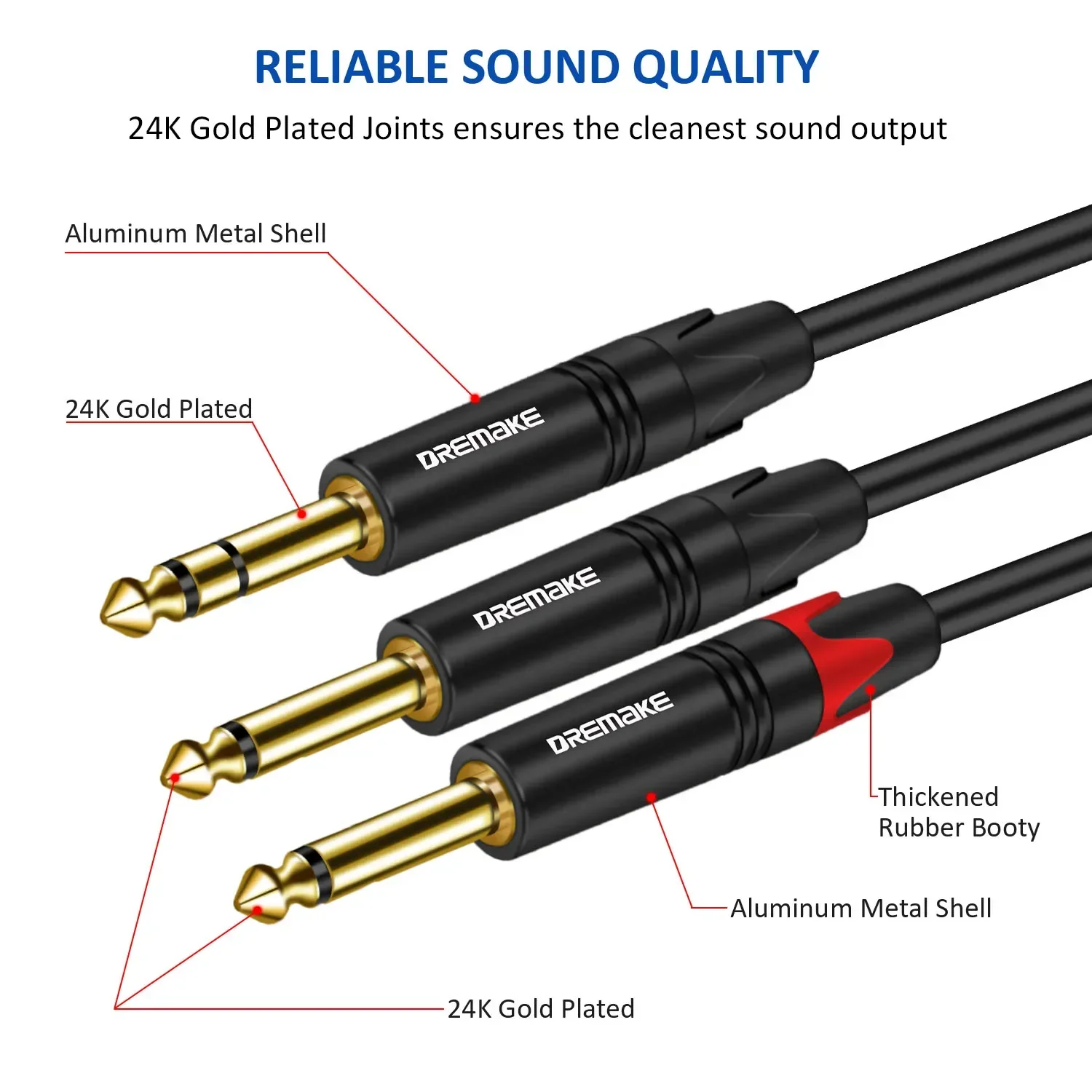 DREMAKE TRS 6.35mm to Double 6.35mm TS Cable 2 Mono 6.5 Jack to 1/4 Inch 6.35 TRS Audio Breakout Y-Splitter Cord for Amplifier