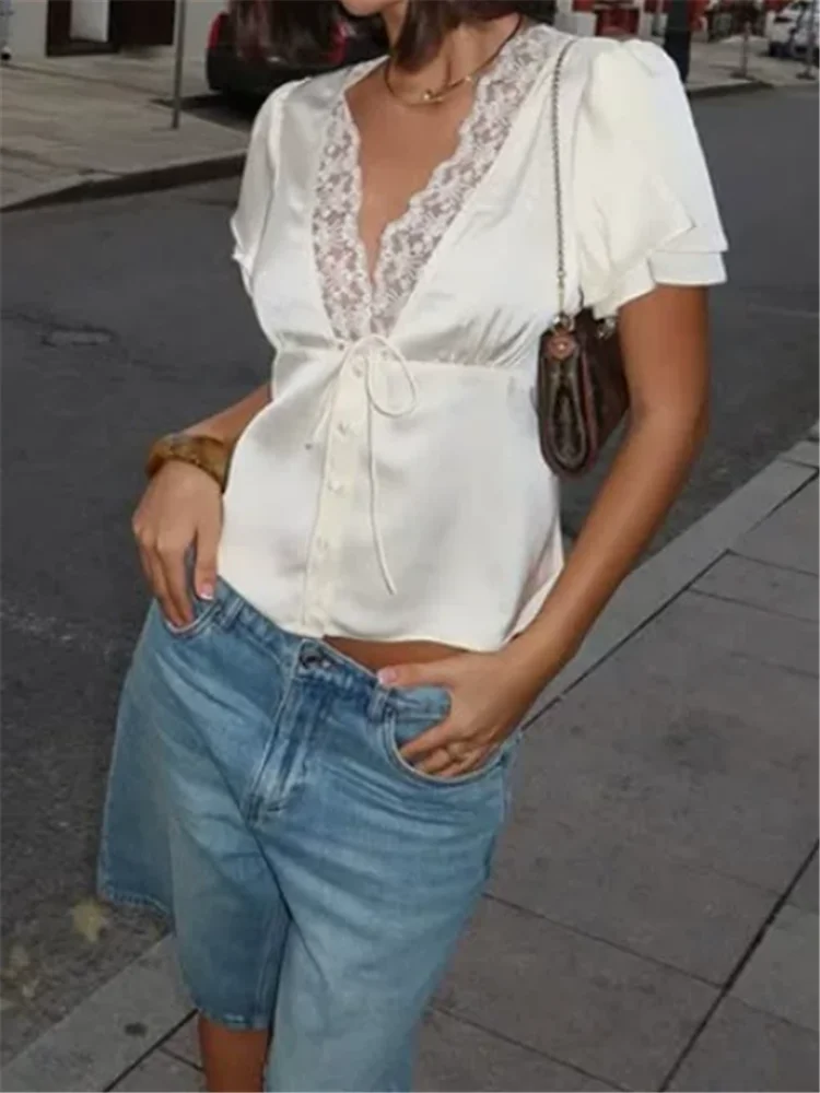 French Summer Women Deep V Neck Black White Slim Top Lace Patchwork Deep V Neck Thin Shirt Short Sleeve Casual Fairy T Shirt Top
