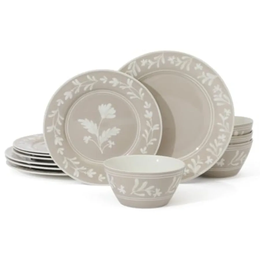 Dinnerware Set - Maiden Crown 12-Piece Dish Set New Bone China Ceramic Plates and Bowls Floral Design Service for 4 Microwave a