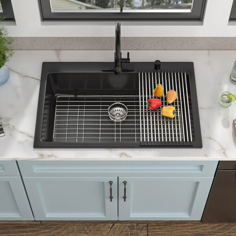 33 حوض مطبخ مركب من الجرانيت - 33 × 22 حوض حوض حوض كوارتز أسود غير لامع مع سطح علوي لتجديد المطبخ الحديث