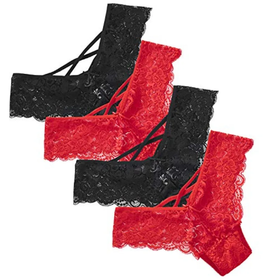 

Anna and Eric 4 Pcs Floral Lace Sexy V-Back Criss Cross Mid Rise Thong Panties
