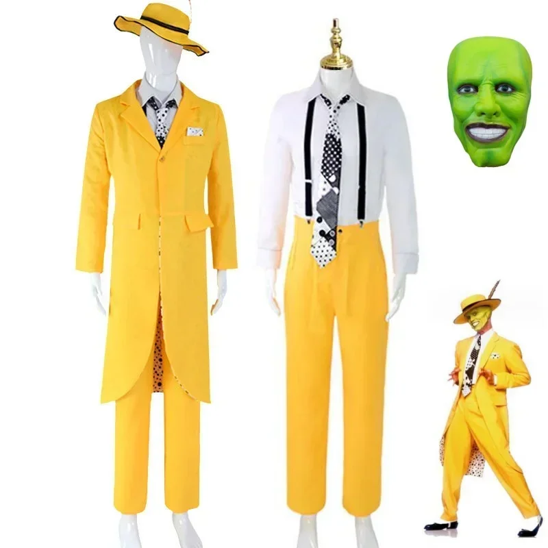 Movie The Mask JimCarry Jim Carrey Cosplay Costume Men Uniform Stage Mask Hat Windbreaker Shirt Tie Suspenders Suit Halloween