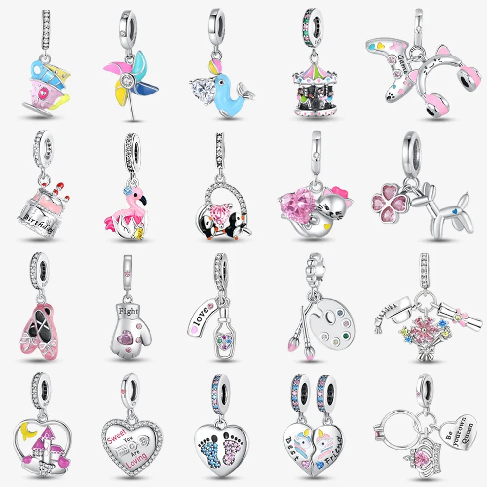 

Classic Original 925 Sterling Silver Pink Heart Animal Carousel Charms for Pandora Bracelet, Women DIY Fine Jewelry Gift