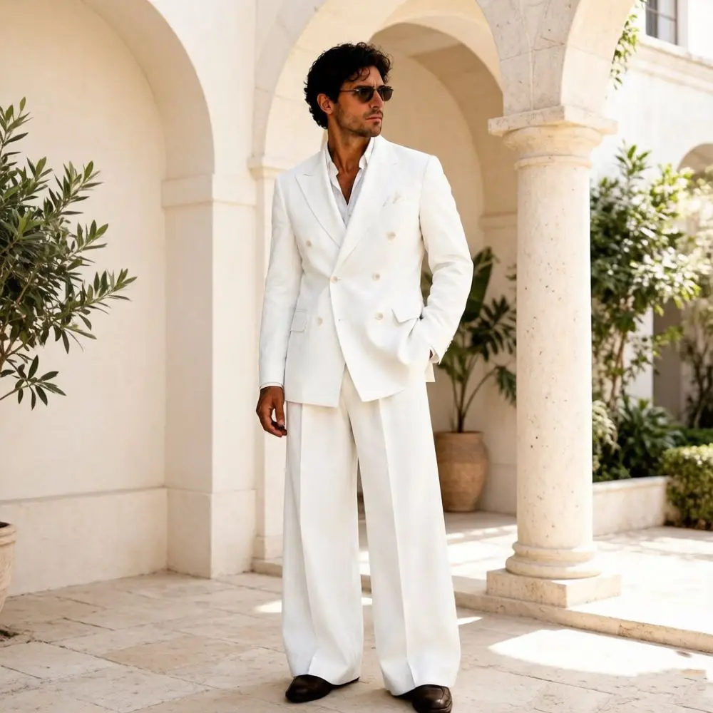 Men Suits Double Breasted with Wide Leg Pants Tuxedo Separates 3 Pieces Mix Match Custom Made Summer Wedding Banquet Groom Wear
