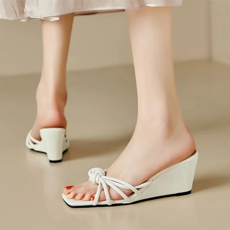 Fashion Wedge Open Toe Slide Sandals Women 2024 Summer Narrow Band Elegant High Heels Slippers Women Chunky Flip Flops Sandalias