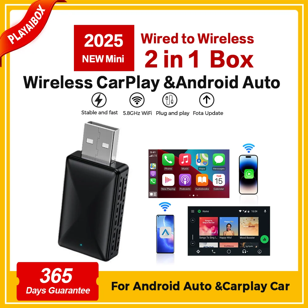 PLAYAIBOX Wireless Carplay Adapter 2in1 Dongle Wireless CarPlay &Android Auto For iPhone Android Phone Benz Audi Kia Chery Jeep