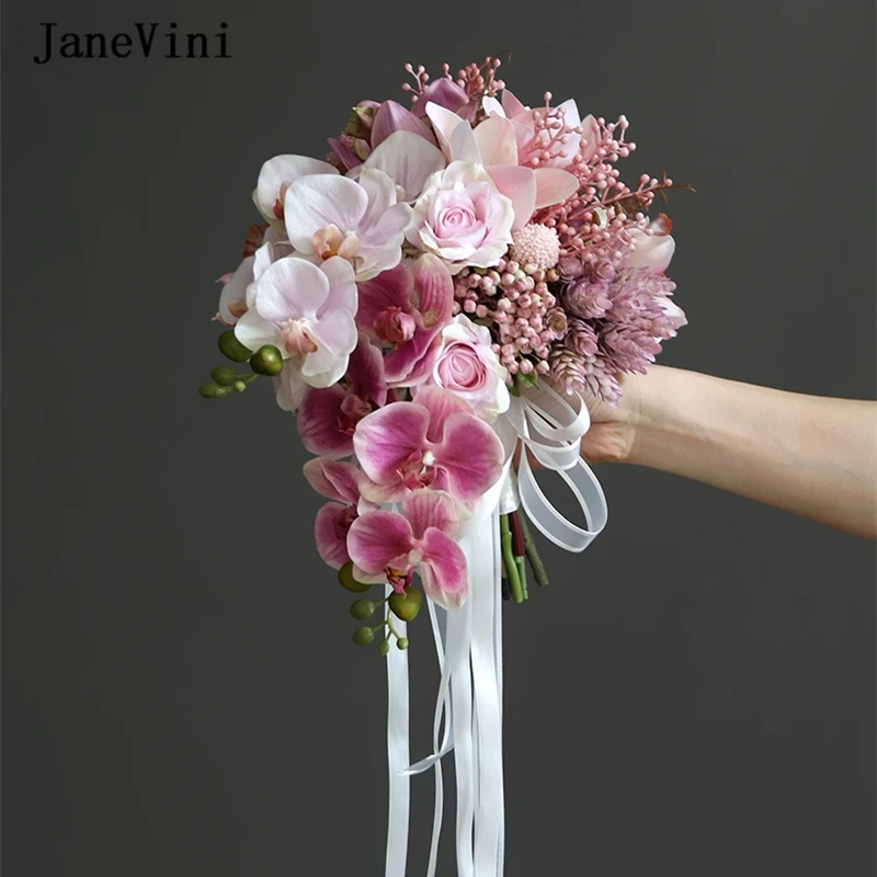 JaneVini 2024 Pink Purple Waterfall Bridal Bridesmaid Wedding Bouquets Artificial Silk Roses Cascading Flowers Bouquet for Bride