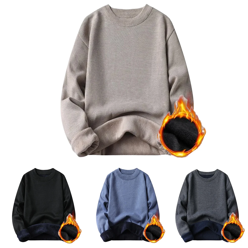 

Мужской однотонный повседневный плюшевый пуловер с длинным рукавом и круглым вырезом, универсальный вязаный базовый свитер