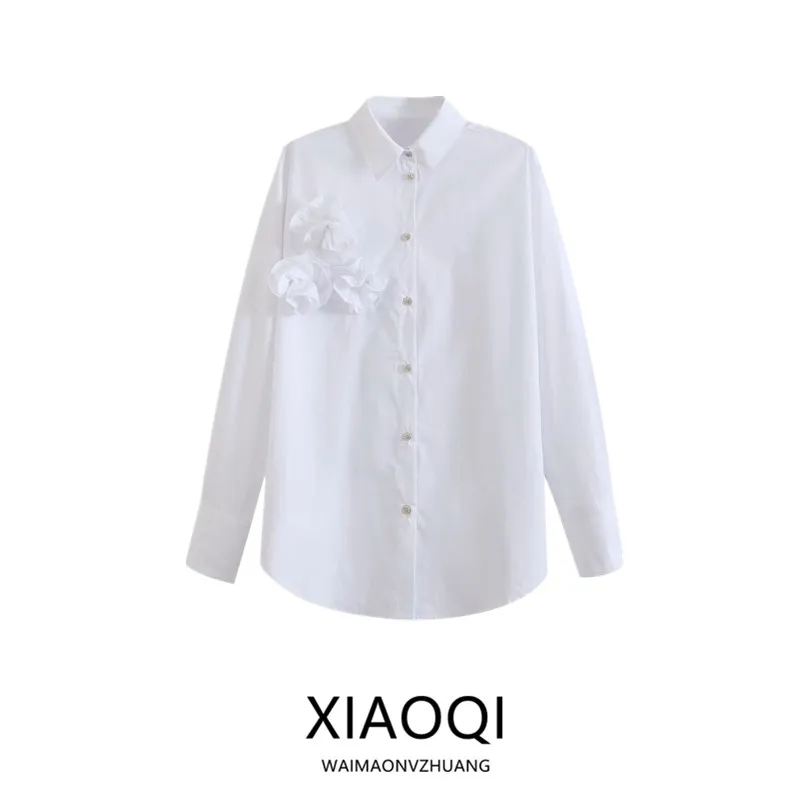 

Textured Flower Decorated Long Sve Turn-down Collar irts Women's Faion Autumn Winter New Arrival Silk Gauze Blouse