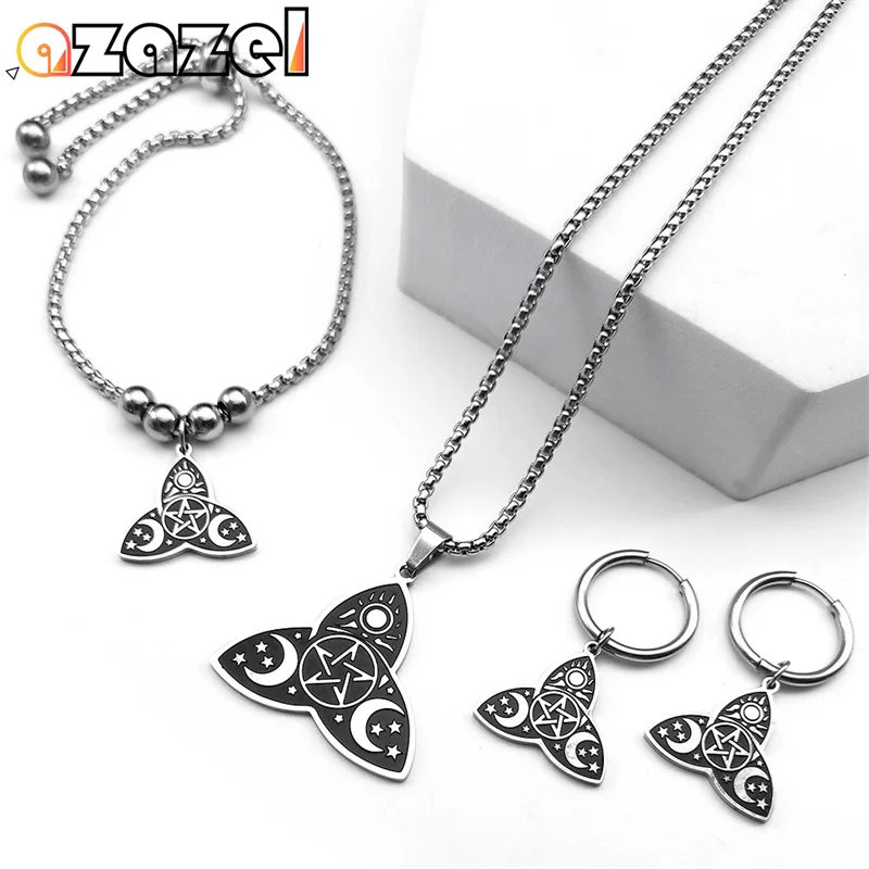 Wicca Sun Triple Moon Goddess Divination Hecate Trinity Jewelry Set for Women Men Stainless Steel Hoop Earring Necklace Bracelet