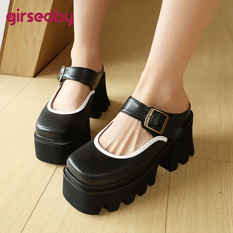 

2025 New Design Women Sandals Square Toe Thick Heels 8.5cm Platform 4.5cm Slip On Belt Buckles Mixed Color 41 42 43