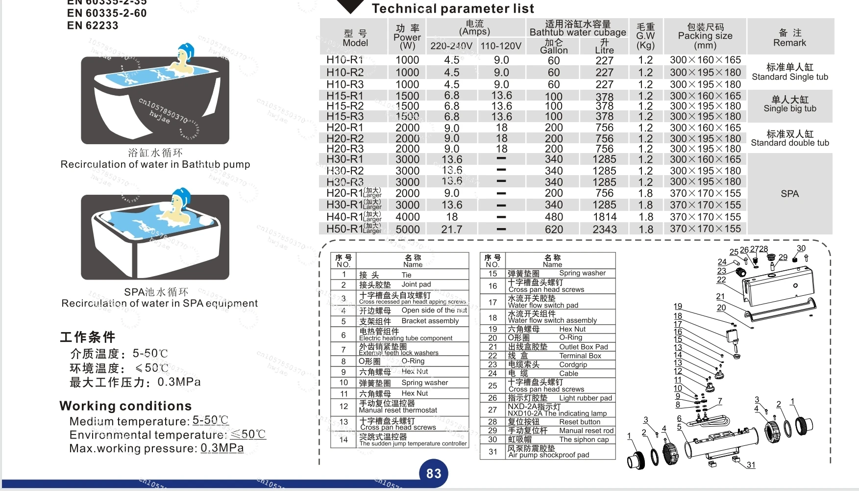 

H30-R1 Modern 3KW Spa Heater 6-Person Capacity Outdoor Electric Water Bath Whirlpool Heater for Pools & Spas