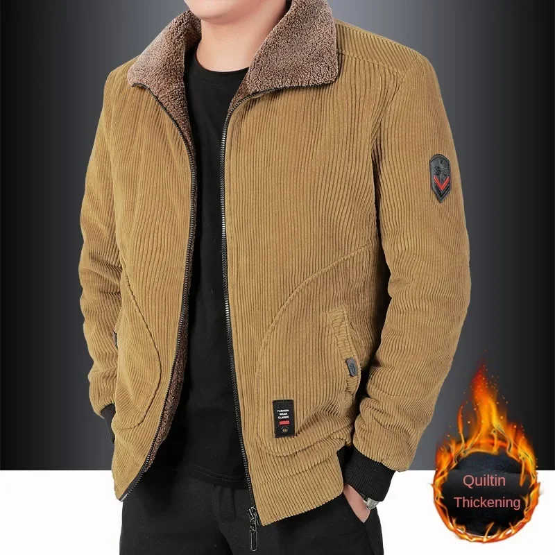 Vintage Cord jacke Herren Winter 2024 Mode verdickt Fleece gefüttert warme wind dichte Parkas Herren bekleidung Freizeit kragen Mantel