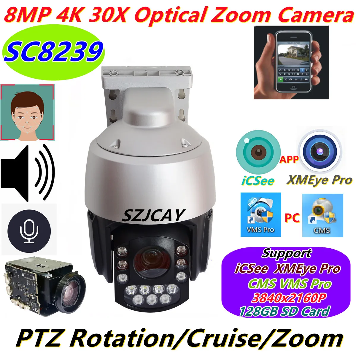 كاميرا iCSee XMEye pro SONY415 4K POE عالية السرعة قبة PTZ IP خارجية 30X زووم بصري AI كشف الوجه/كشف 8 ميجابكسل كاميرا CCTV #6