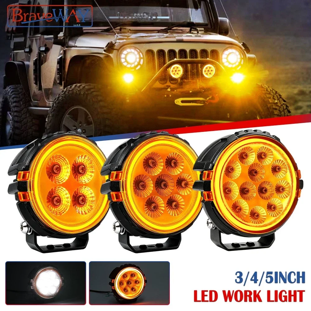 BraveWAY Phare de travail LED super lumineux pour voitures, véhicules tout-terrain, camions, SUV, ATV, moto, faisceau blanc, DRL ambre, 12V 24V, phare de conduite LED, projecteur pour utilisation hors route