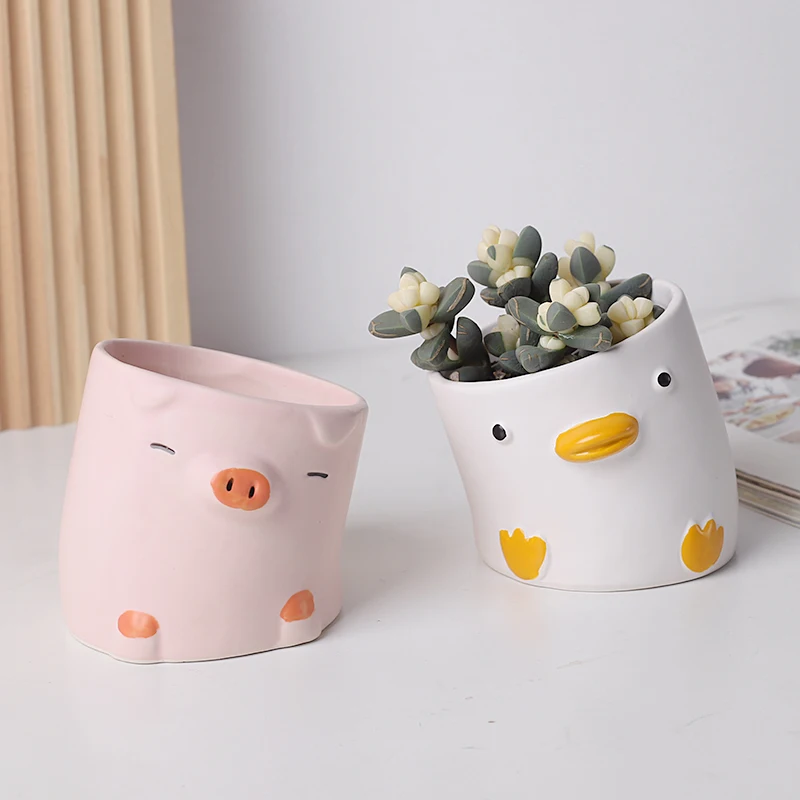 Cute Cartoon Animal Flower Pot Desktop Balcony Succulent Planting flowerpot Decoration Creative Crooked Duck and Pig Ceramic Pot