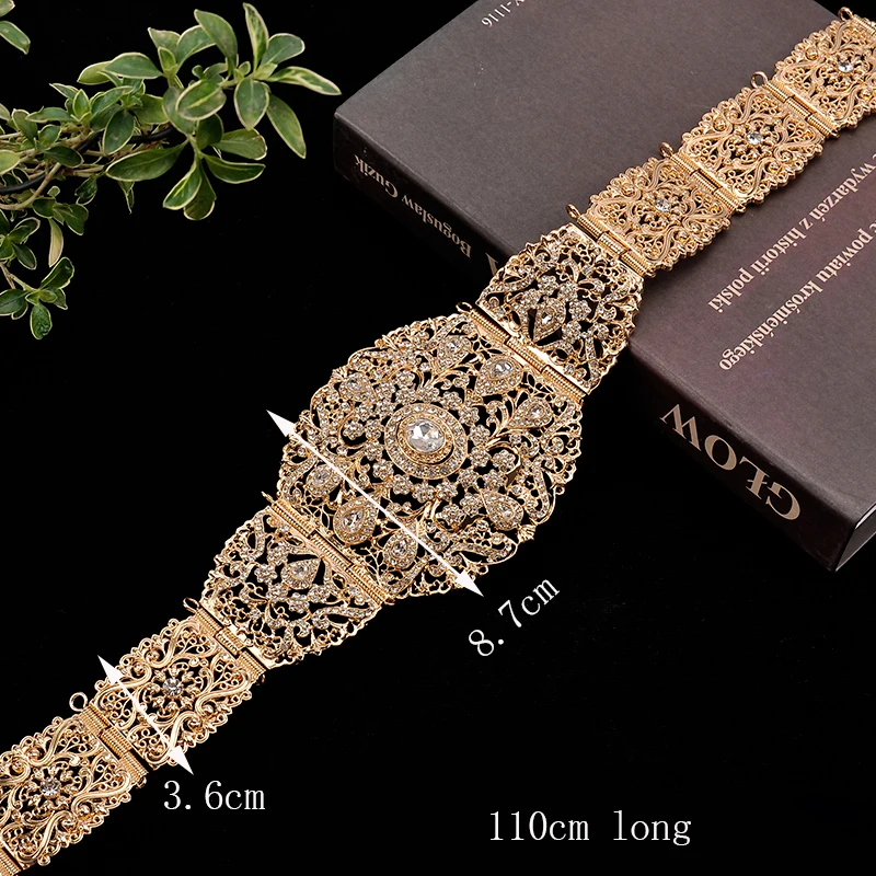 Moroccan Luxury Bridal Belt Rhinestone Gold Color Long Chain Women Caftan Jewelry Belts Ethnic Muslim Wedding Belts for Gown