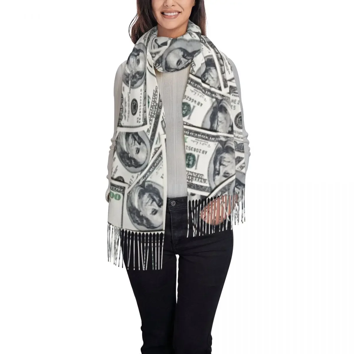 Lady Long Hundred Dollars Bills Scarves Women Winter Soft Warm Tassel Shawl Wraps Money Scarf