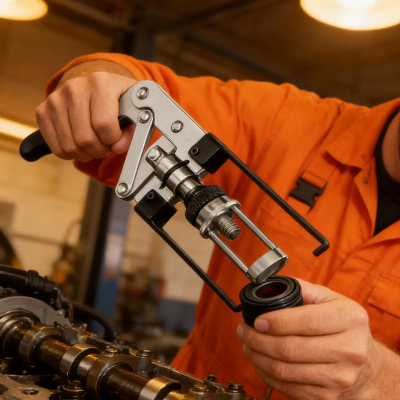 

Пружинный компрессор верхнего клапана с регулируемой глубиной втулки и диапазоном расширения. Установщик снятия верхнего клапана из легированной стали.