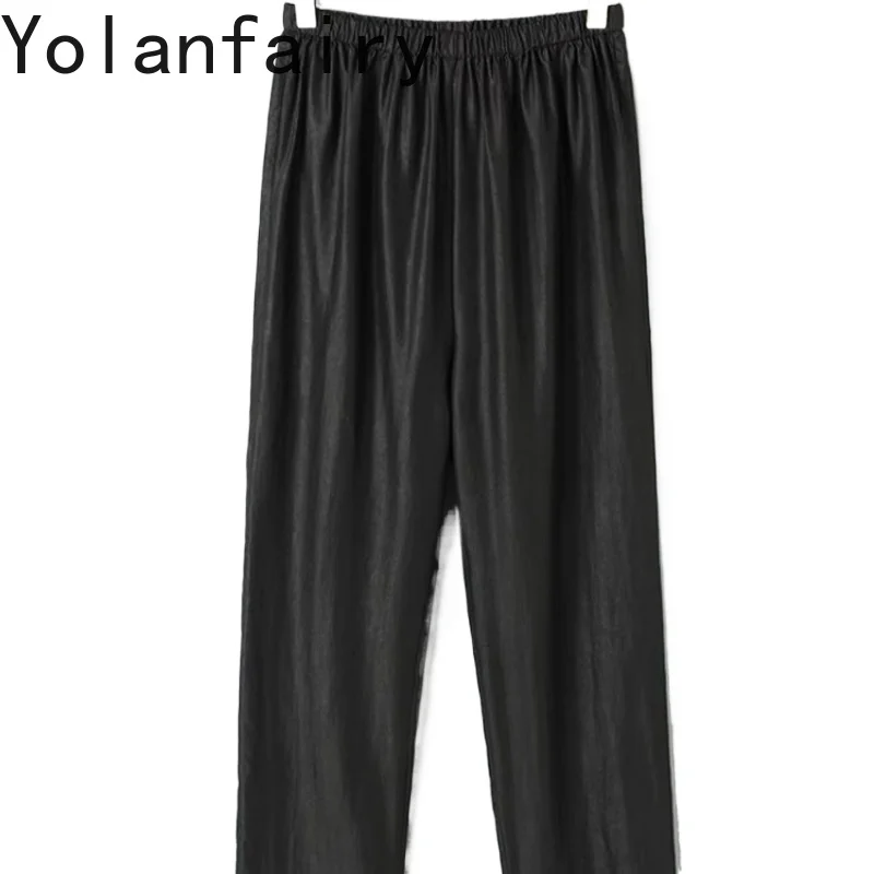 

YOLANFAIRY 100% Mulberry Silk Men Trousers Pantalon Homme Summer Casual Pants Mens Clothing Straight Pants Pantaloni Estivi Uomo