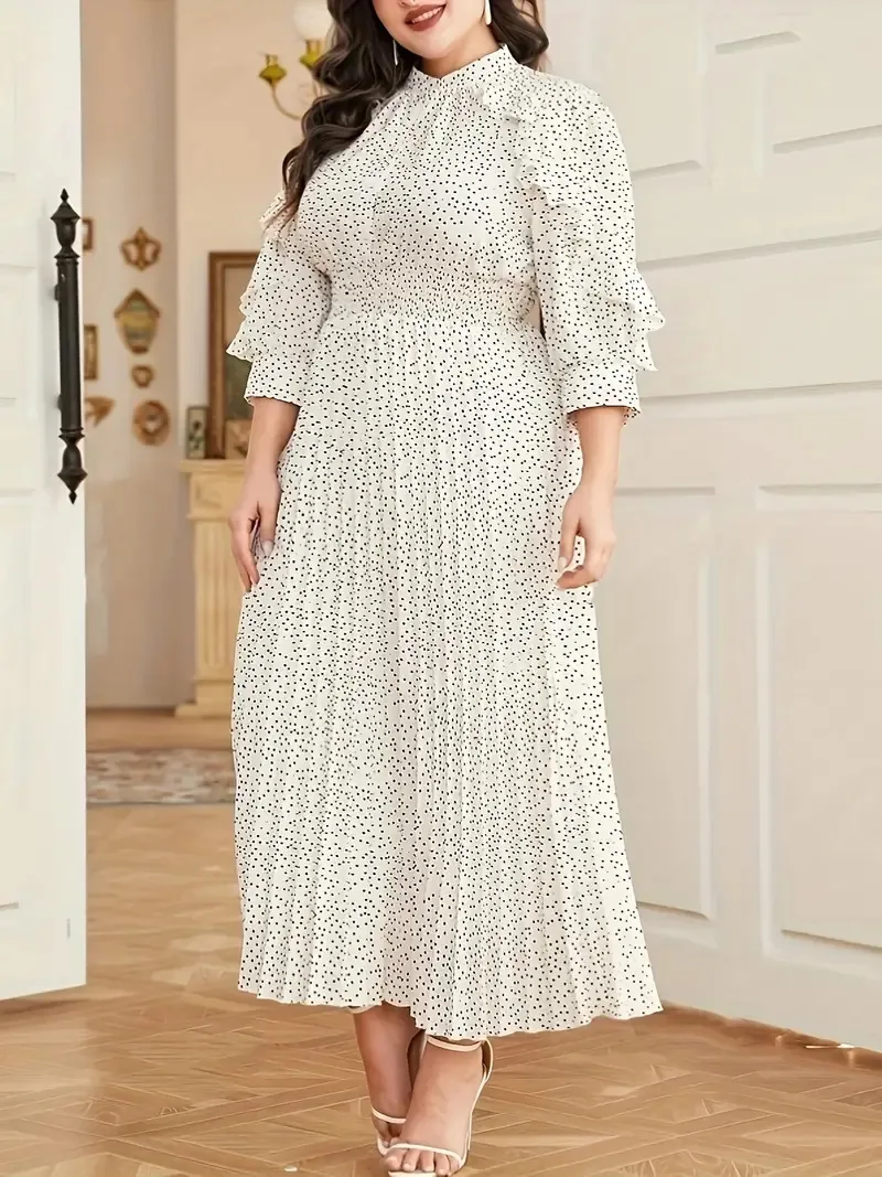 GIBSIE Plus Size Polka Dot Ruffle Trim Elegancka sukienka damska Wiosna Jesień Mock Neck 3/4 Rękaw Wysoka talia A-line Maxi Długie sukienki