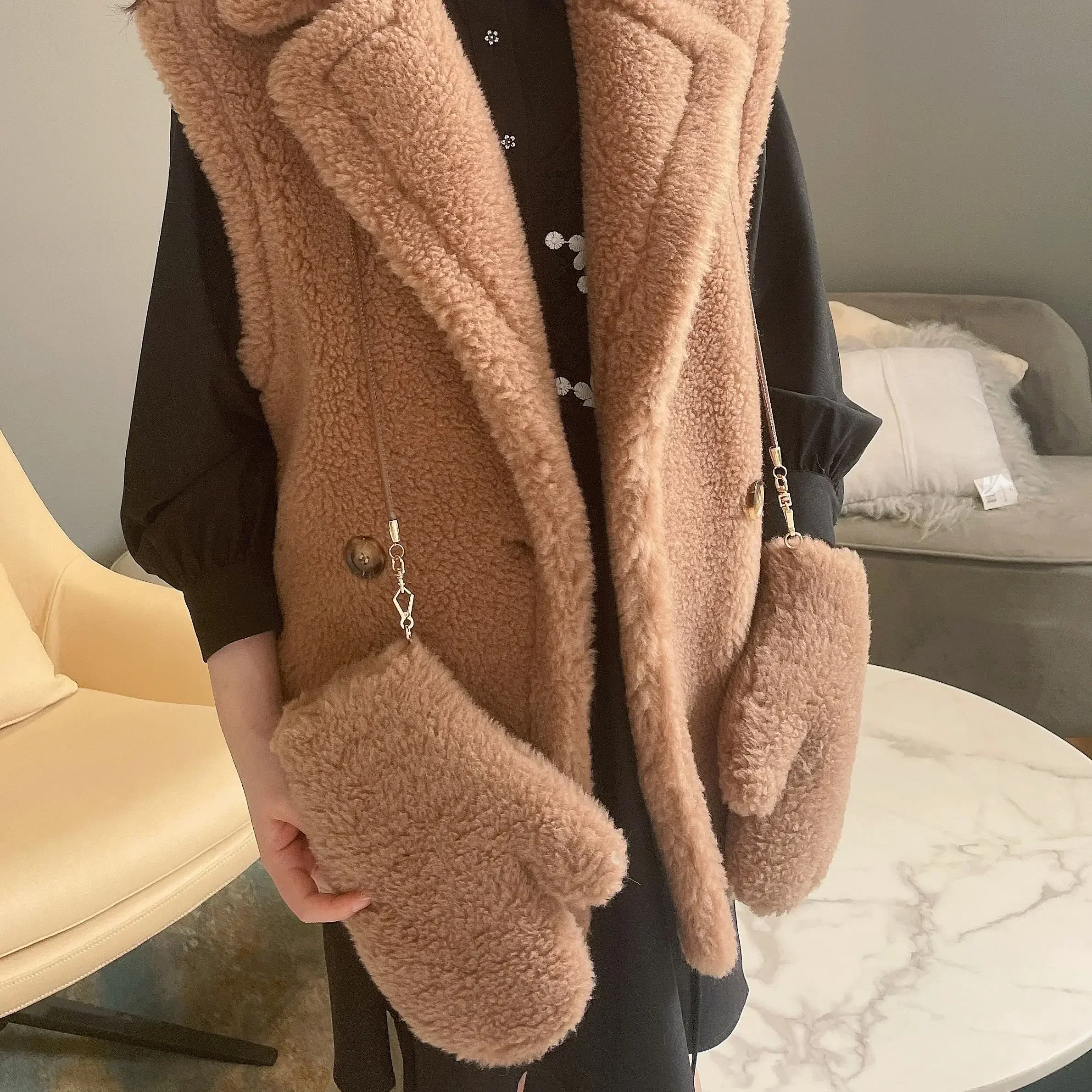 

Teddy Bear Gloves with Detached Rope Women 2025 Fashion Warm Wool Wholesale Sheep Fur Mittens