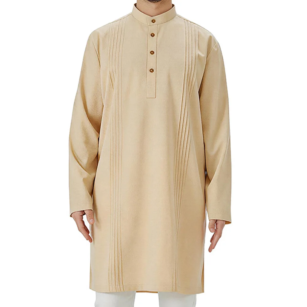 

New Fashion Men Muslim Shirts Islamic Arabian Solid Color Stand Collar Long Sleeve Robes Pakistani Premium Quality Blouse S-3Xl