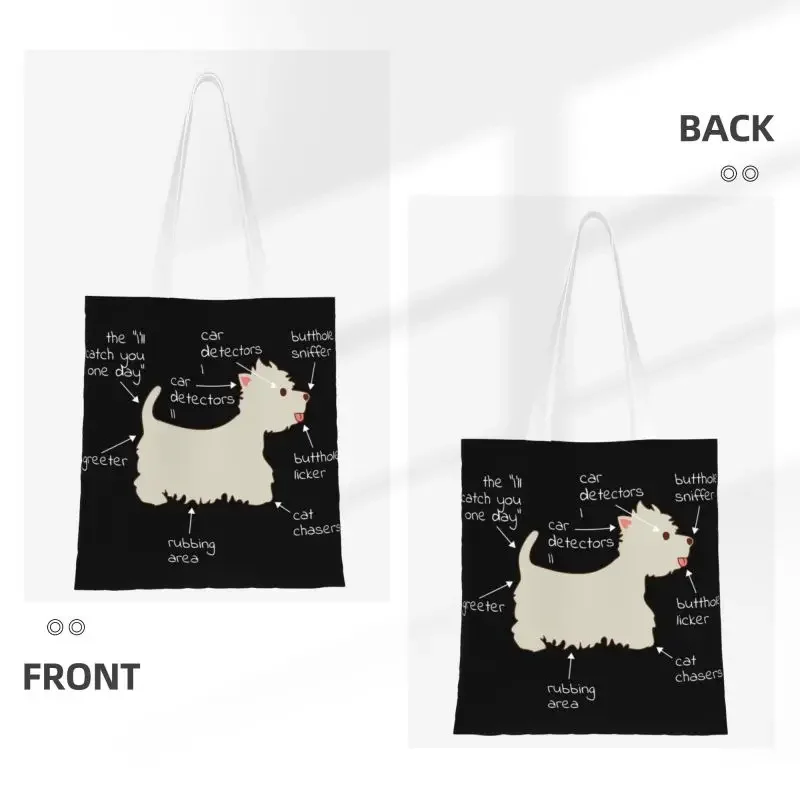 Reusable Westie Dog Anatomy Shopping Bag Women Canvas Shoulder Tote Bag Durable West Highland White Terrier Grocery Shopper Bags