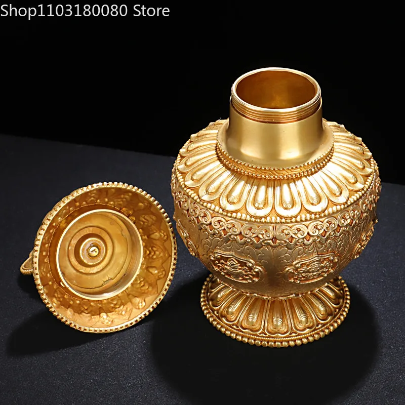 18cm Copper Ksitigarbha Yellow Jambhala Treasure Bottle Mani vase statue Tibet buddhism Eight auspicious wealth vase