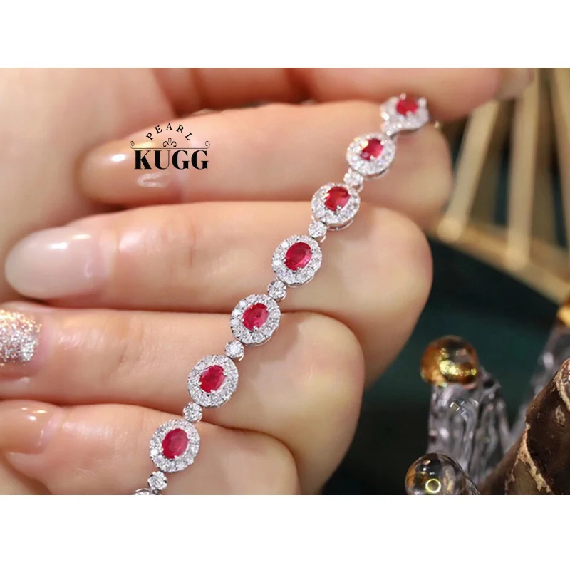 KUGG 100% 18K White Gold Bracelet Luxury Design Natural Diamond Natural Ruby Engagement Bracelet for Women High Party Jewelry