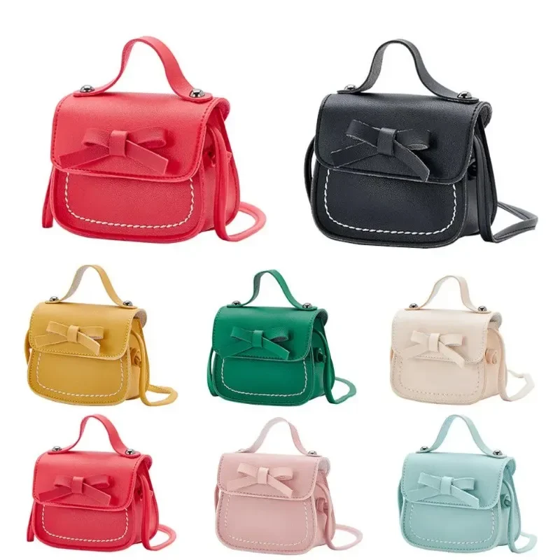 Cute Girls Mini Bowknot PU Leather Handbags 2024 Children Girls Coin Purse Handbag Lovely Kids Small Crossbody Shoulder Bags